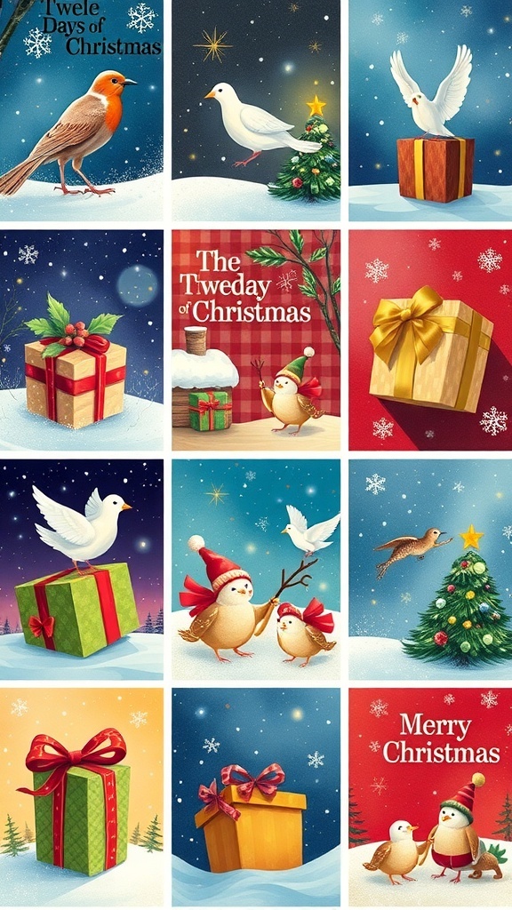 A colorful array of twelve Christmas-themed illustrations depicting gifts from the song 